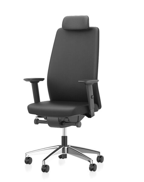 Ergonomischer schwarzer Bürostuhl mit verstellbaren Armlehnen und Kopfstütze auf einem drehbaren Metallfuß.