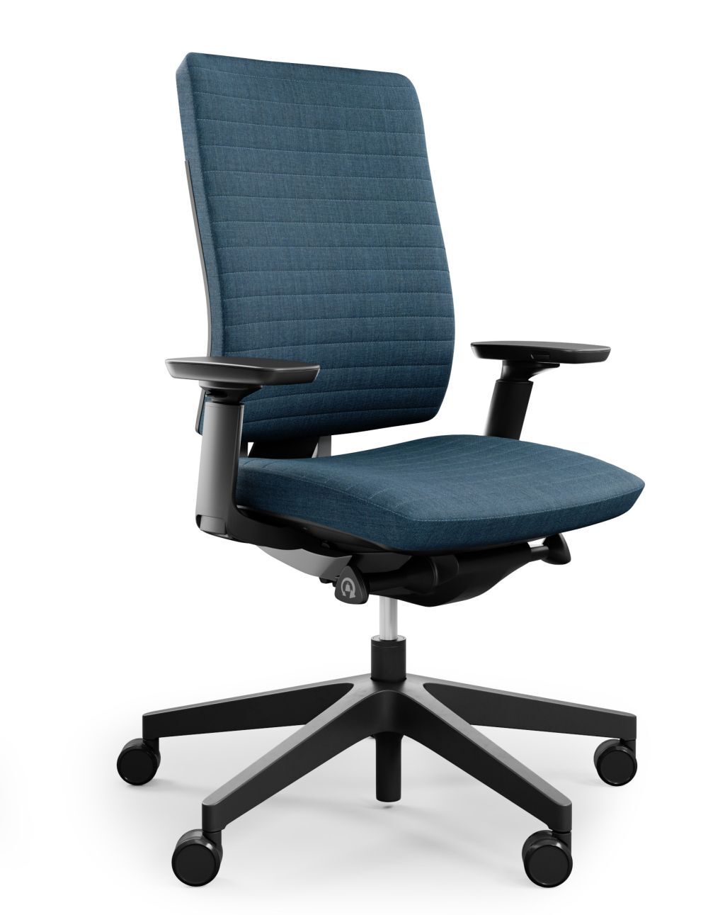 Ergonomischer Bürostuhl mit blauer Polsterung, höhenverstellbaren Armlehnen und fünf Rollen für flexibles Bewegen.