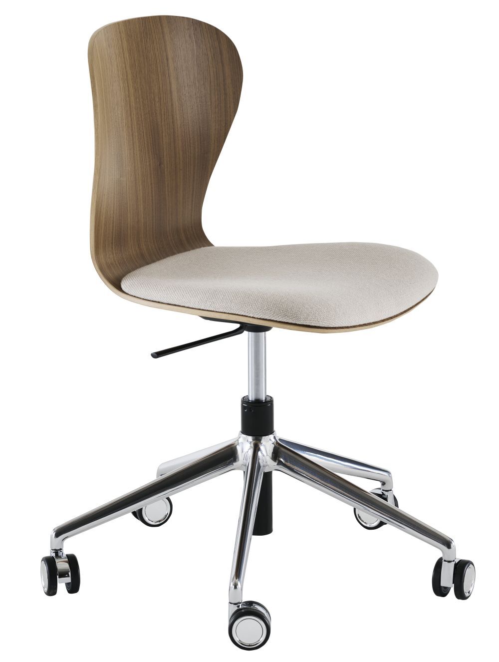 Moderner ergonomischer Bürostuhl mit hölzerner Rückenlehne, gepolstertem Sitz und verstellbarer Höhe auf Rollen.