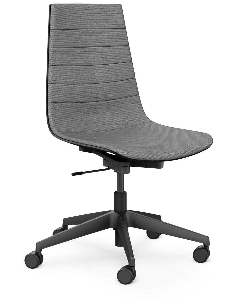 Grauer ergonomischer Bürostuhl mit verstellbarer Sitzhöhe und Rollen für dynamisches Sitzen im Büro.