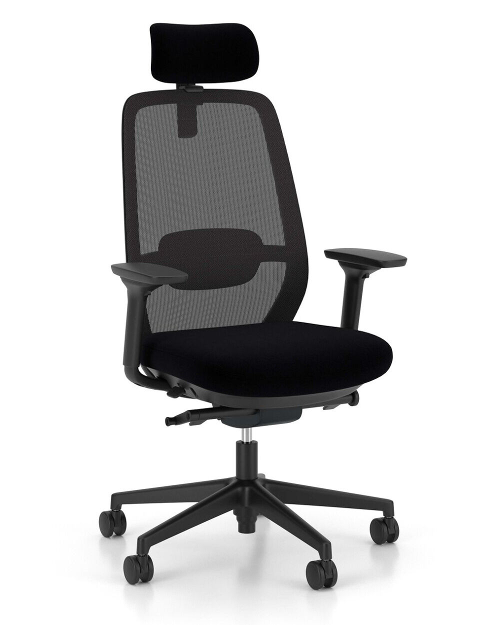 Ergonomischer Bürostuhl mit Netzrückenlehne, verstellbaren Armlehnen und Kopfstütze auf Rollen.