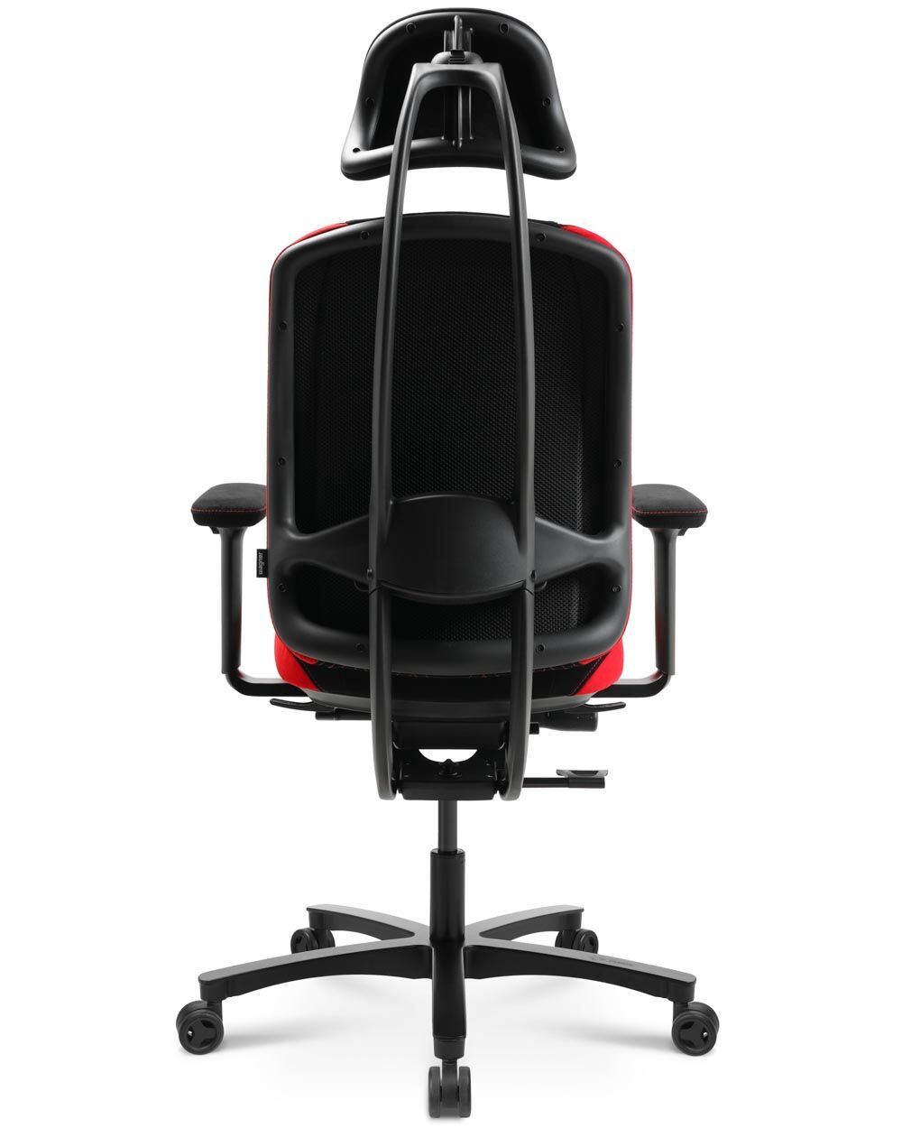 Ergonomischer Bürostuhl von hinten, schwarz-rotes Design mit verstellbarer Kopfstütze und Armlehnen.