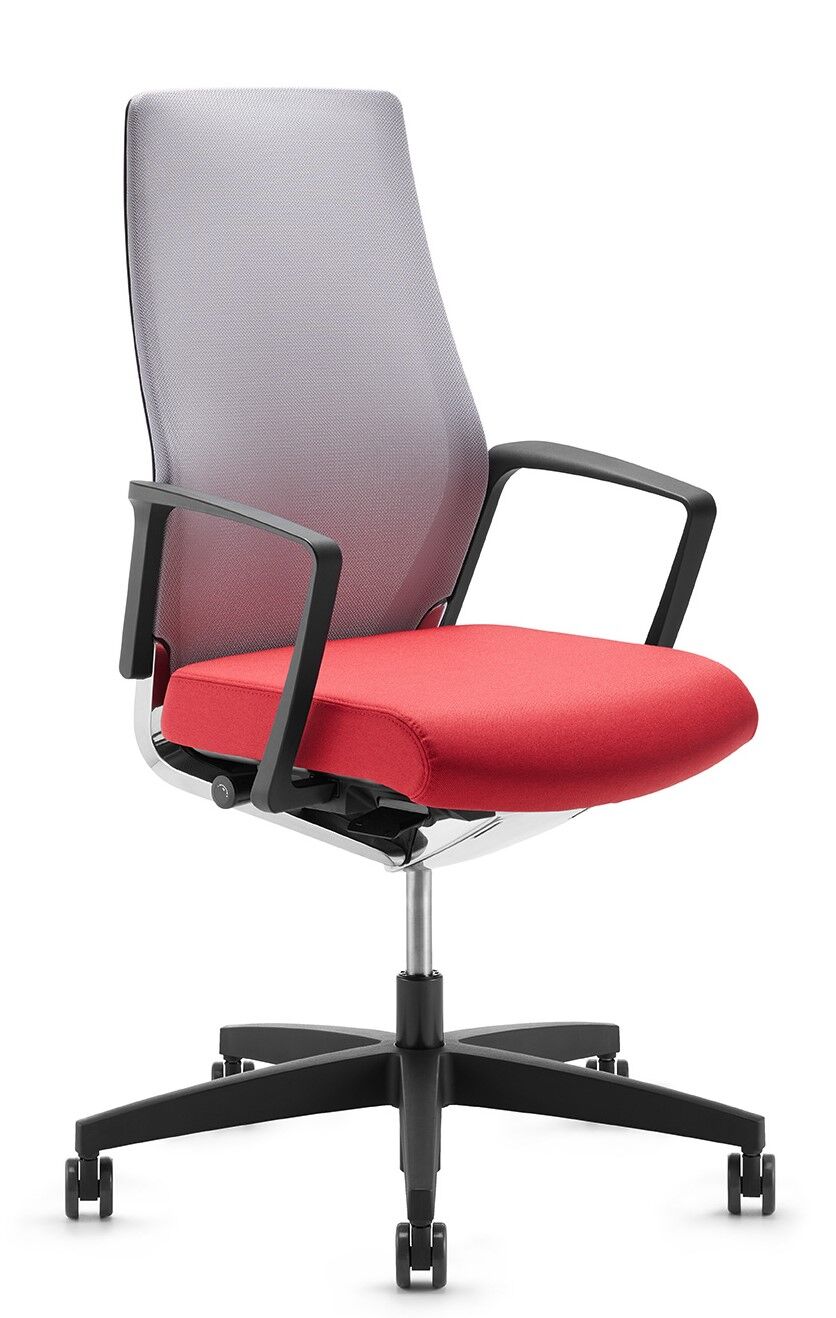 Moderner ergonomischer Bürostuhl mit höhenverstellbarer Rückenlehne und blauen Polstern für dynamisches Sitzen.