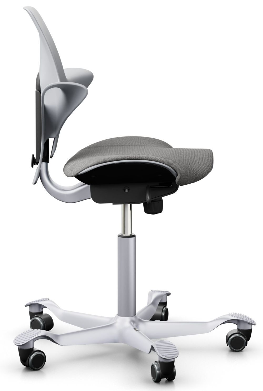 Ergonomischer Bürostuhl mit innovativer Lehne und grauem Polster, seitliche Ansicht auf Rädern.