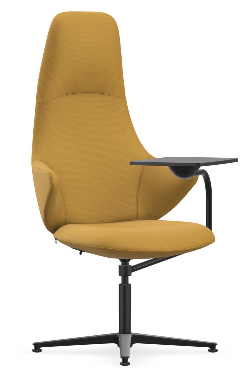 Ergonomischer Bürostuhl in Senfgelb mit hoher Rückenlehne und integriertem schwenkbarem Schreibtablar auf schwarzem Gestell.