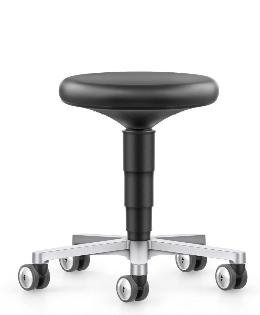 Moderner schwarzer Hocker mit ergonomischem Design, höhenverstellbar und auf Rollen für dynamisches Sitzen.