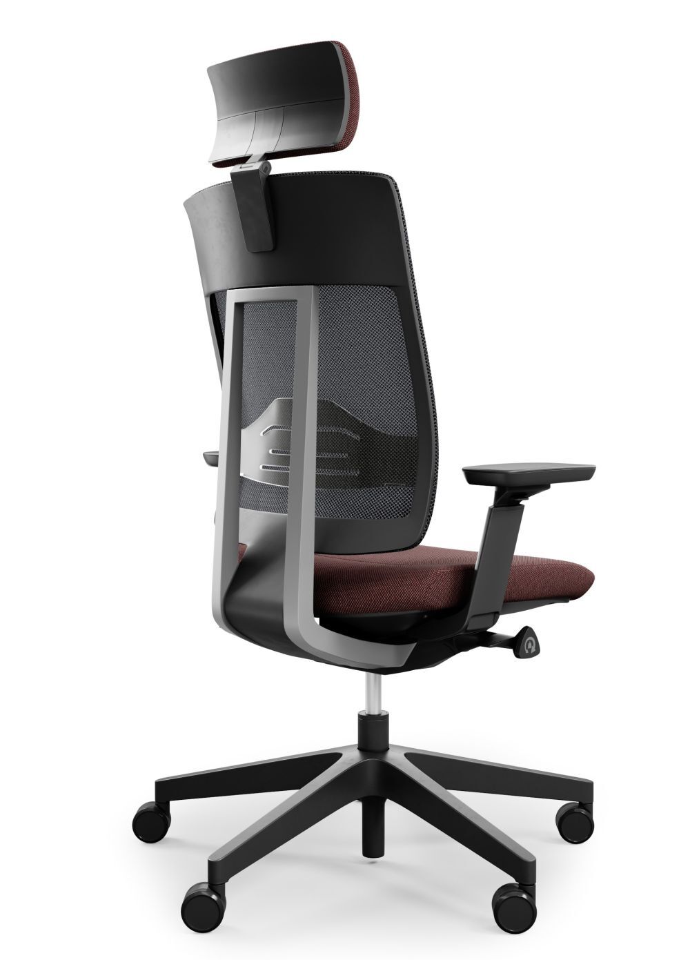 Ergonomischer Bürostuhl mit Netzrückenlehne, verstellbarer Kopfstütze und gepolstertem Sitz für dynamisches Sitzen.