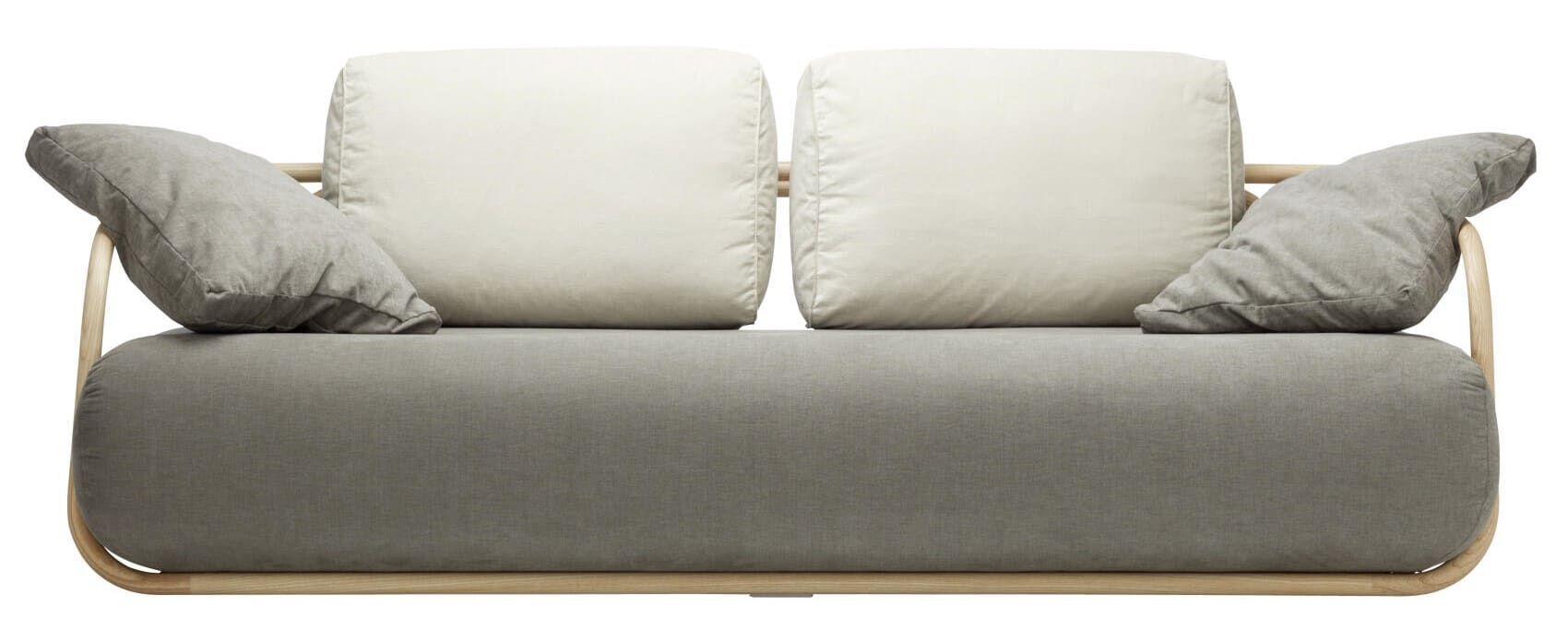 Modernes Sofa in Grau und Beige mit Holzrahmen und Kissen für komfortables, ergonomisches Sitzen.
