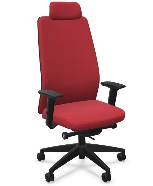 Ergonomischer Bürostuhl in Rot mit Kopfstütze und verstellbaren Armlehnen, ideal für dynamisches Sitzen.