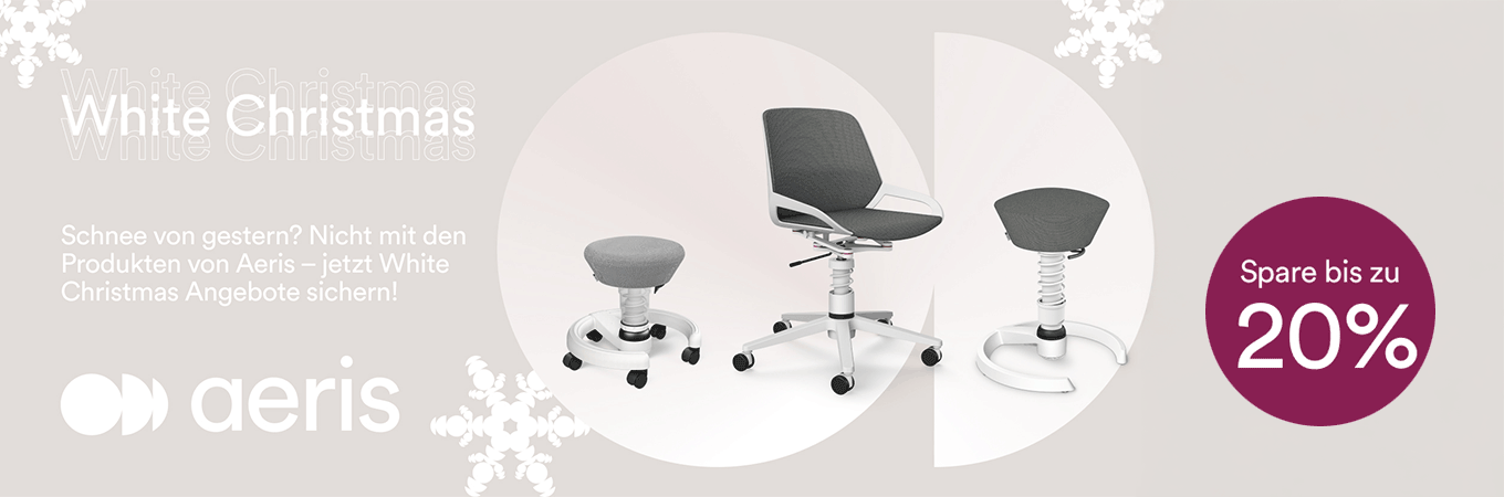 Ergonomische Bürostühle und Hocker von Aeris mit Weihnachtsrabatt, dekoriert mit Schneeflockenmotiven, Rabatt bis zu 20%.