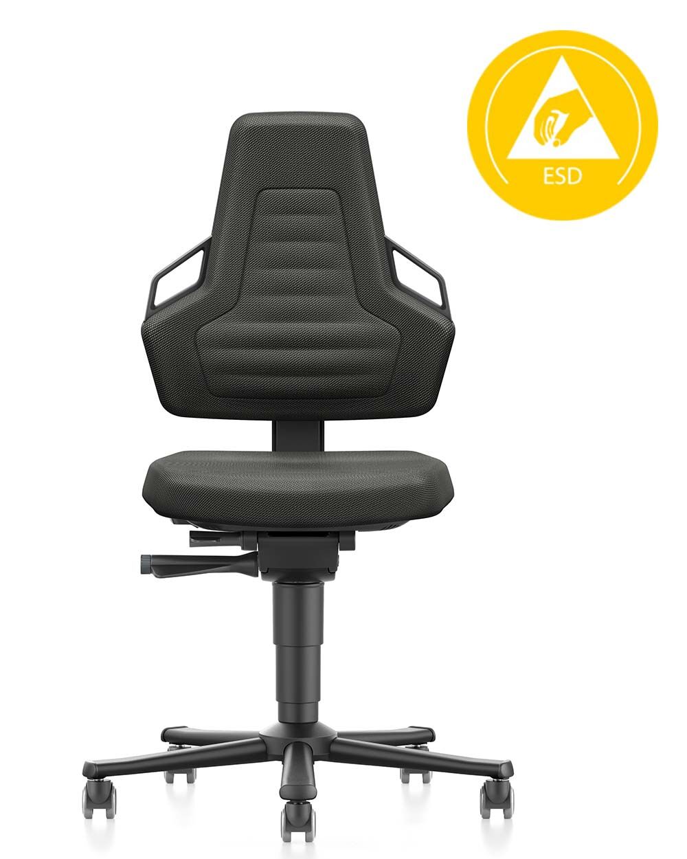 Ergonomischer Bürostuhl mit ESD-Schutz in Schwarz, zeigt hohe Rückenlehne und verstellbare Sitzfunktionen.