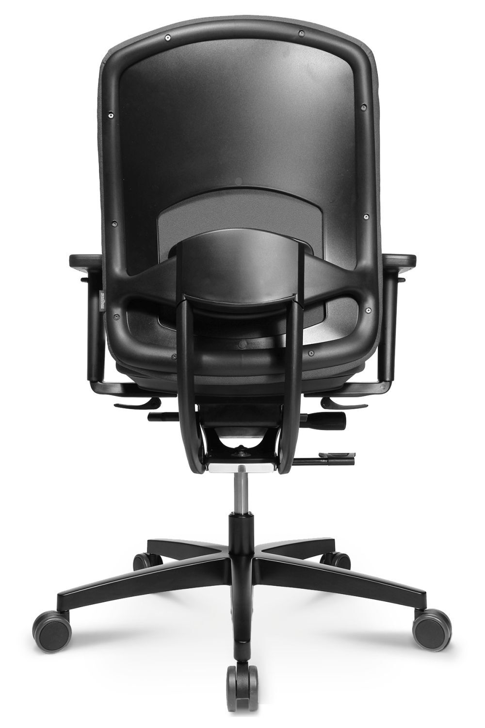 Rückansicht eines ergonomischen Bürostuhls mit stabiler Rückenlehne und verstellbarer Armlehne auf Rollen.