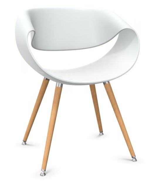 Moderner weißer Stuhl mit gebogener Rückenlehne und Holzbeinen auf Metallfüßen, minimalistisch und stilvoll.