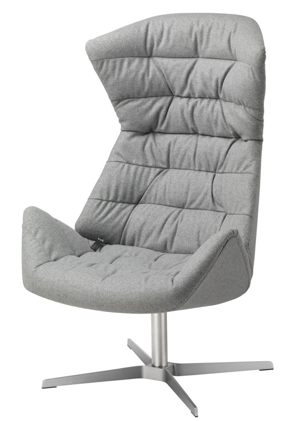 Grauer ergonomischer Bürostuhl mit hoher Rückenlehne auf einem stabilen Metallfuß, ideal für dynamisches Sitzen.