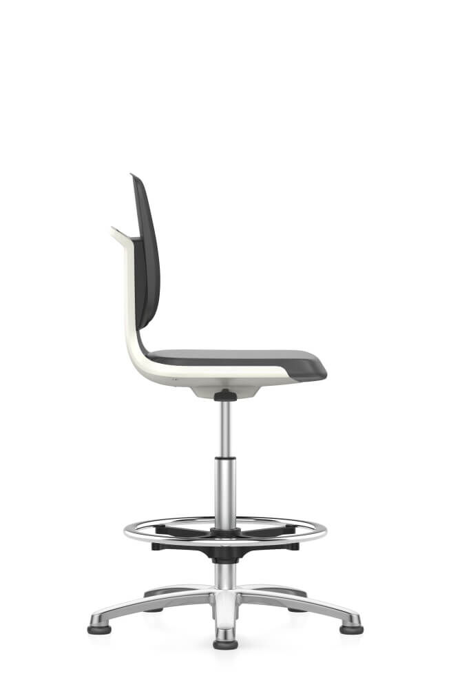 Moderner ergonomischer Bürostuhl mit grauem Sitz, weißer Rückenschale und verstellbarem Aluminium-Gasdruckfedergestell.