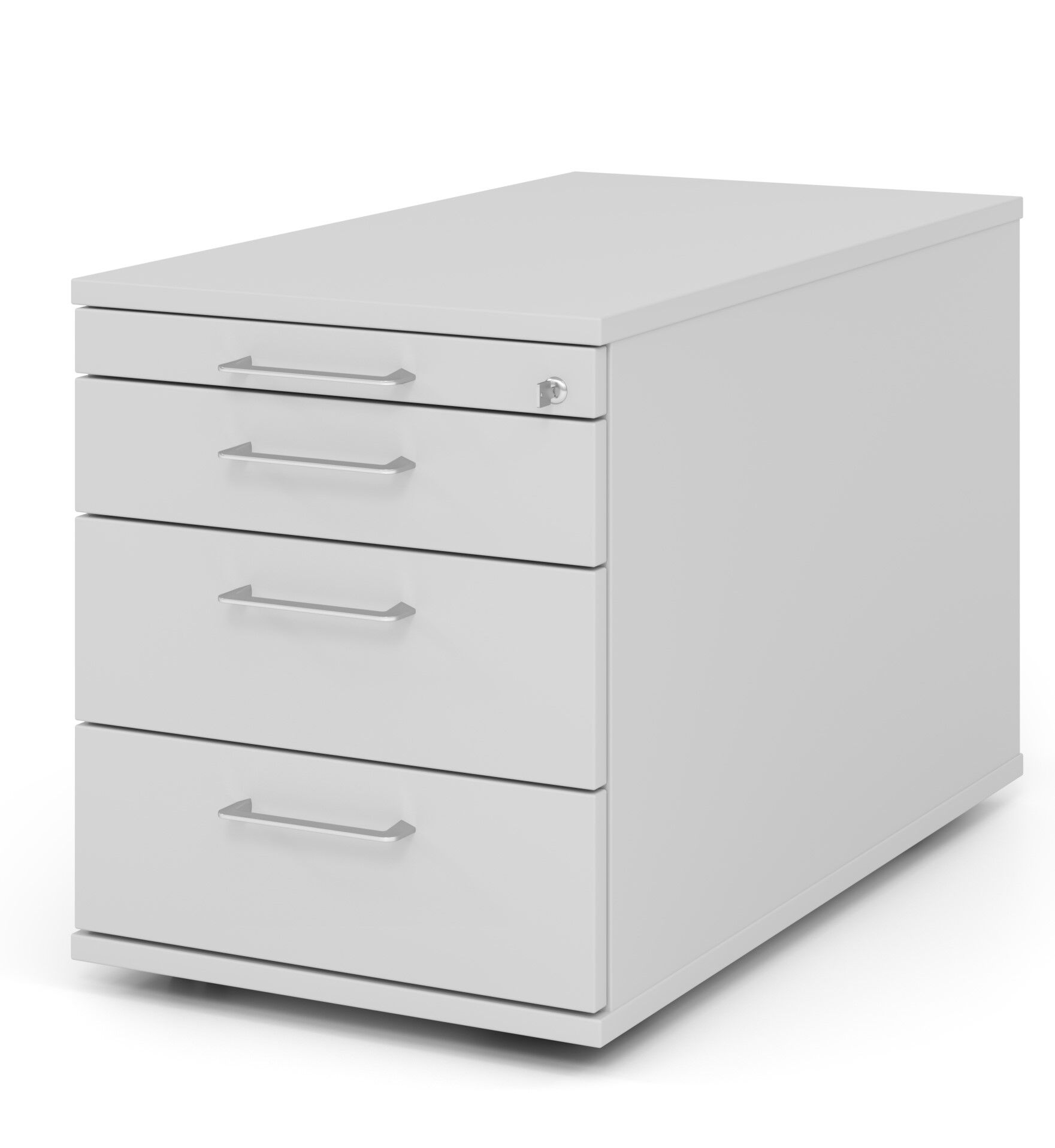 Weißer, moderner Rollcontainer mit vier Schubladen, ideal für Büros und Homeoffices zur effizienten Aufbewahrung.