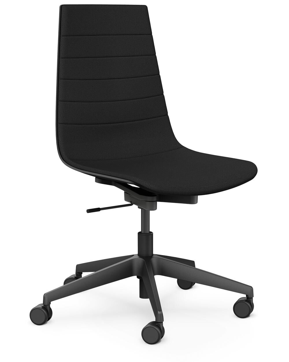 Schwarzer ergonomischer Bürostuhl mit Rollen, hoher Rückenlehne und verstellbarer Sitzhöhe auf weißem Hintergrund.