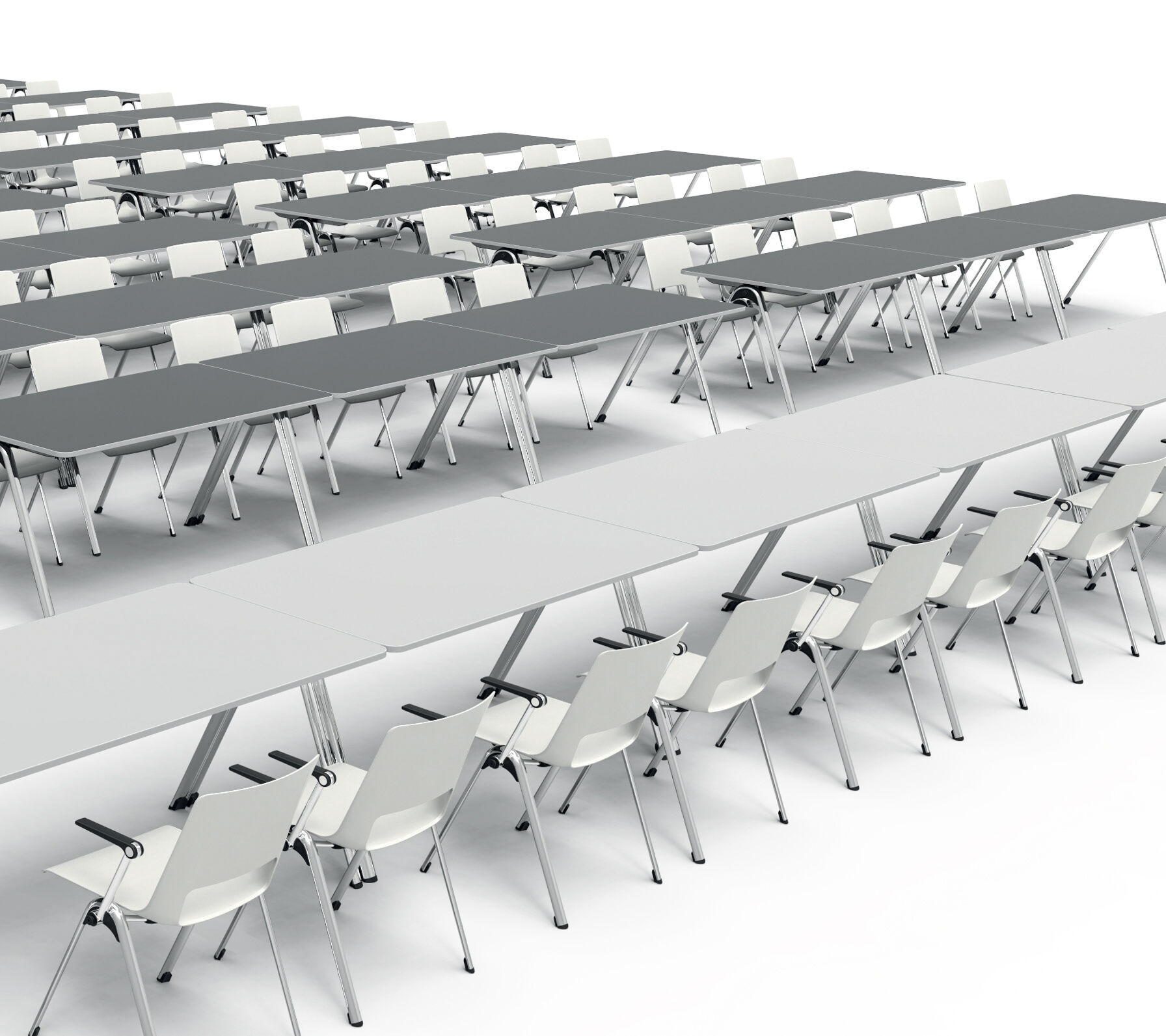 Mehrere Reihen ergonomischer Bürostühle und Tische, ideal für Konferenzen oder Schulungen, in grauen und weißen Tönen.