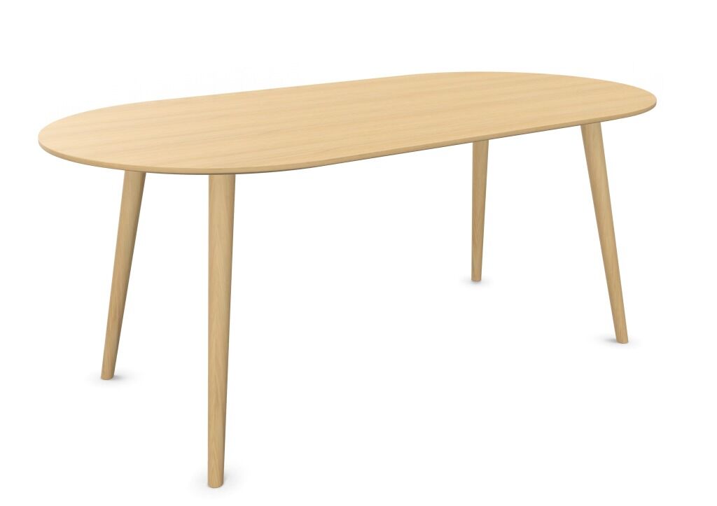 Ovalt Holz-Schreibtisch mit vier schlanken Beinen, ideal für ein modernes Büro oder Homeoffice.