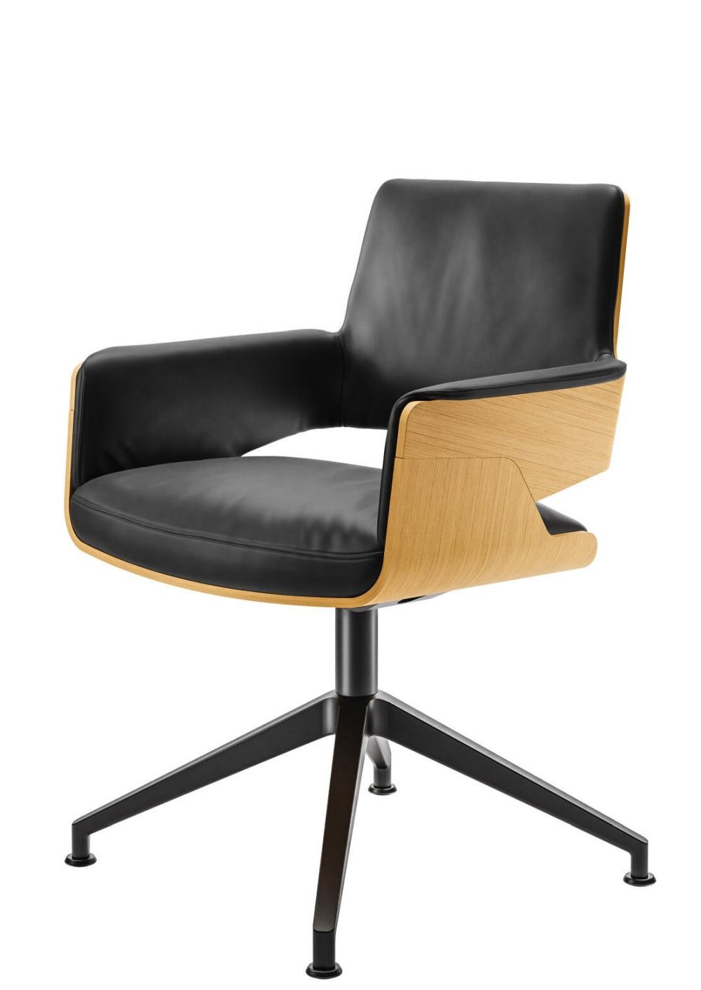 Ergonomischer Bürostuhl mit schwarzem Lederbezug, Holzdetails und stabilem Metallgestell, ideal für gesundes Sitzen.