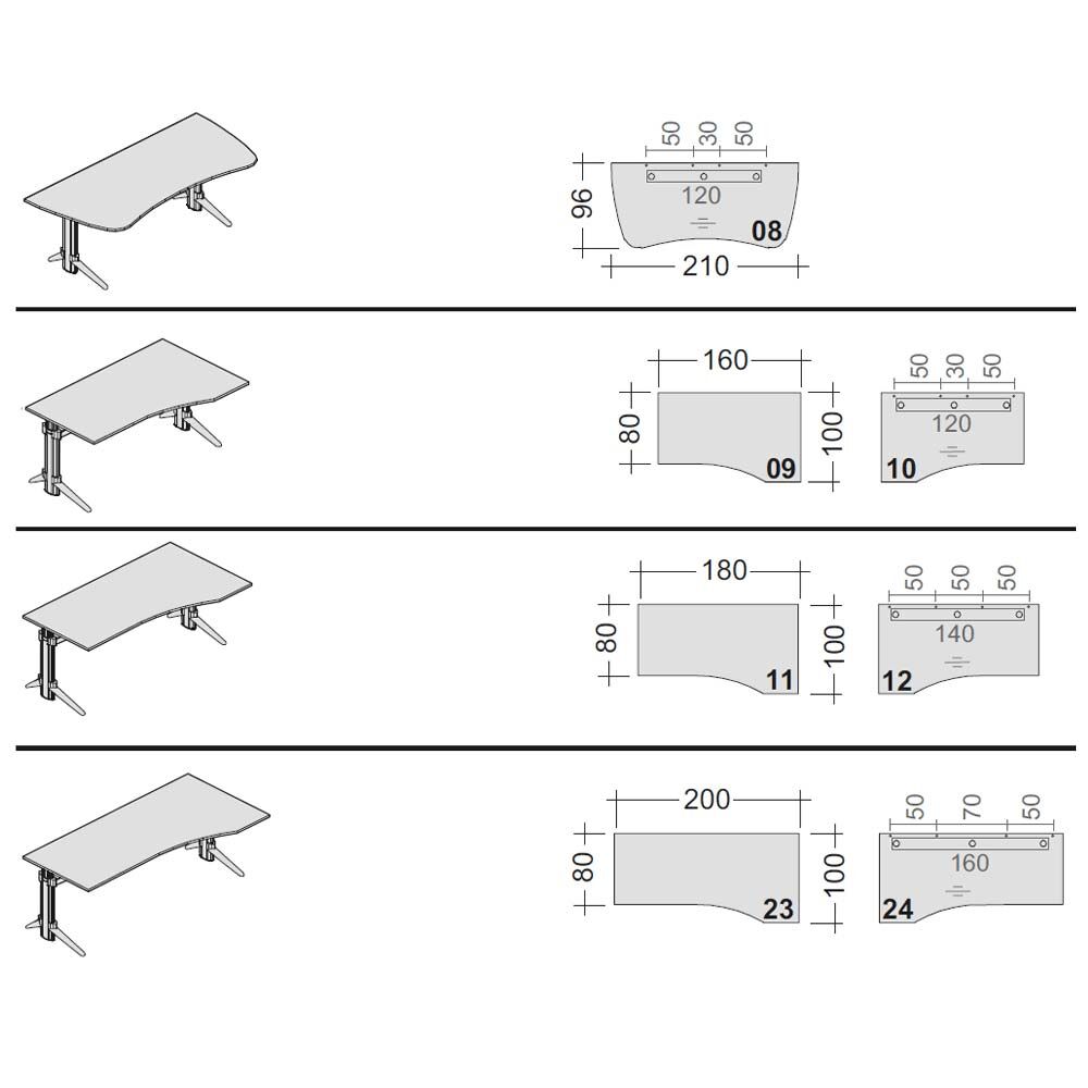Diagramm mit verschiedenen ergonomischen Schreibtischformen und -maßen für dynamisches Sitzen. Details zu Maßen inklusive.