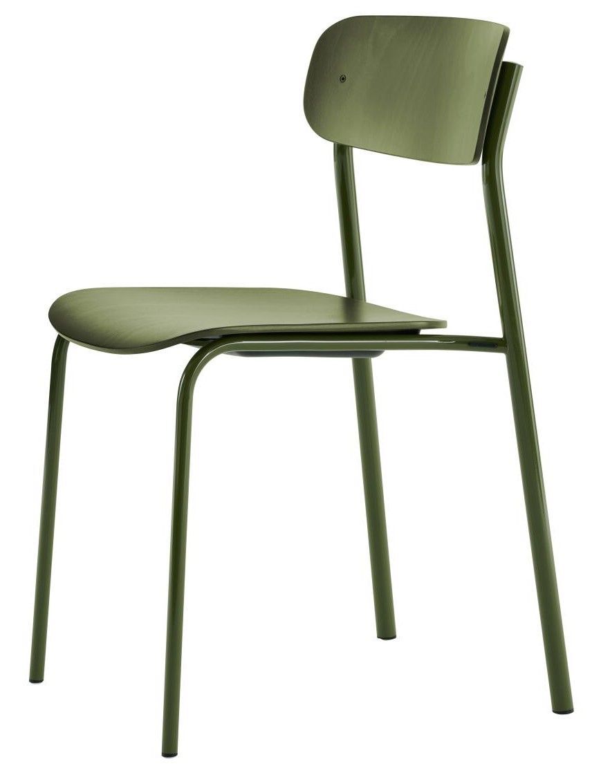 Moderner grüner Stuhl mit Metallrahmen und Holzsitz, ideal für ergonomische Büros und stilvolle Einrichtungen.
