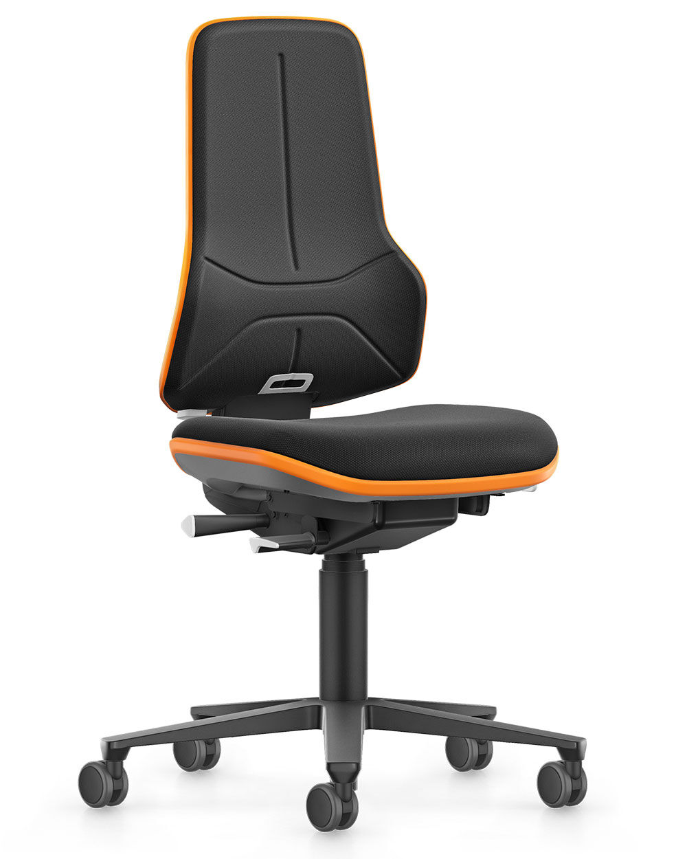 Ergonomischer Bürostuhl mit schwarzer Polsterung, orange Kontrastnaht und höhenverstellbarem Sitz auf Rollen.