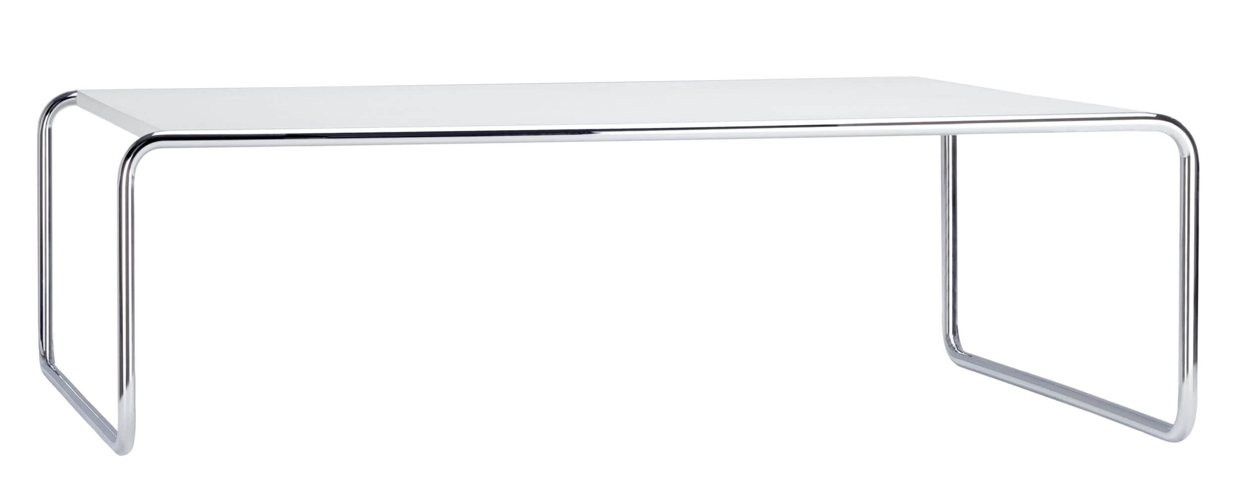 Moderner niedriger Tisch mit weißer Oberfläche und eleganten, gebogenen Metallbeinen für stilvolles Bürodesign.