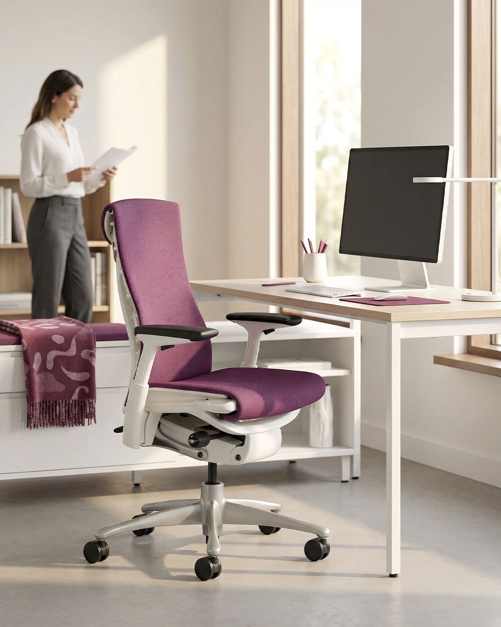 Ergonomischer Bürostuhl in Lila vor einem Schreibtisch mit Monitor, in einem hellen Büro. Frau im Hintergrund.