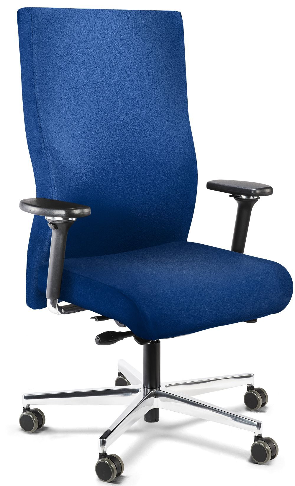Ergonomischer blauer Bürostuhl mit verstellbaren Armlehnen und fünf Rollen für dynamisches Sitzen.