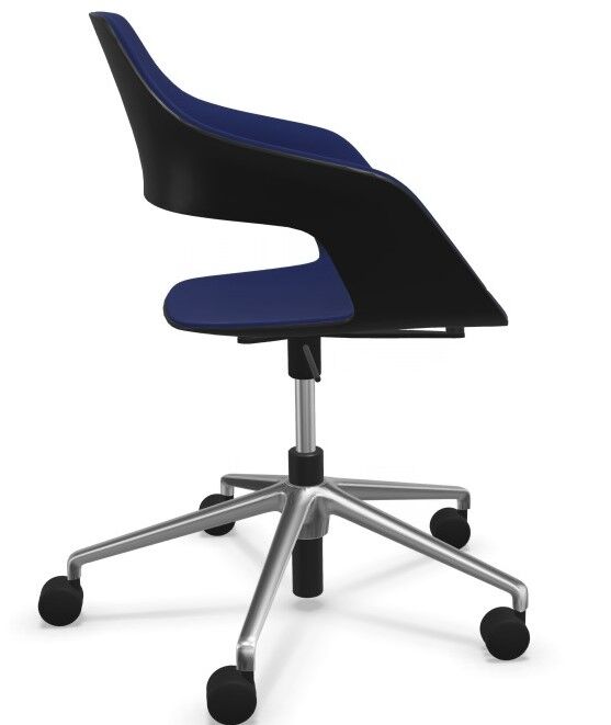 Moderner ergonomischer Drehstuhl mit schwarzer Rückenlehne und blauer Sitzfläche, auf einem verstellbaren Metallfuß.