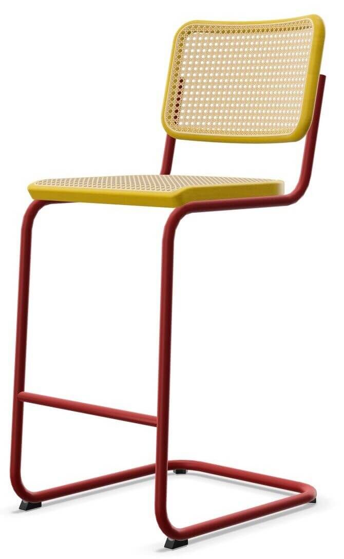 Moderner Barhocker mit rotem Metallgestell und gelber Sitz- und Rückenfläche aus geflochtenem Material.