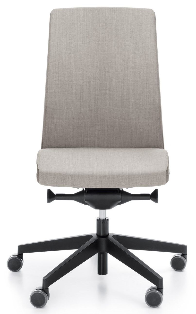 Moderner ergonomischer Bürostuhl mit grauem Stoffbezug und schwarzem Drehgestell auf Rollen.