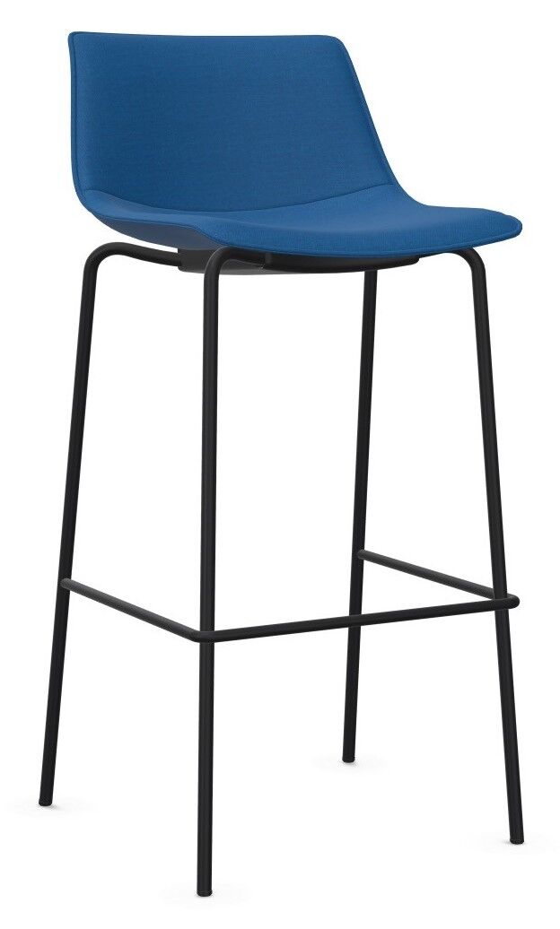 Moderner, blauer Barhocker mit ergonomischem Design und schwarzem Metallgestell, ideal für Büros und Wohnungen.