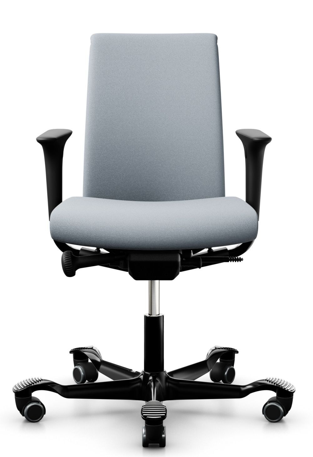 Ergonomischer Bürostuhl mit grauem Stoffbezug und verstellbaren schwarzen Armlehnen auf fünf Rollen.