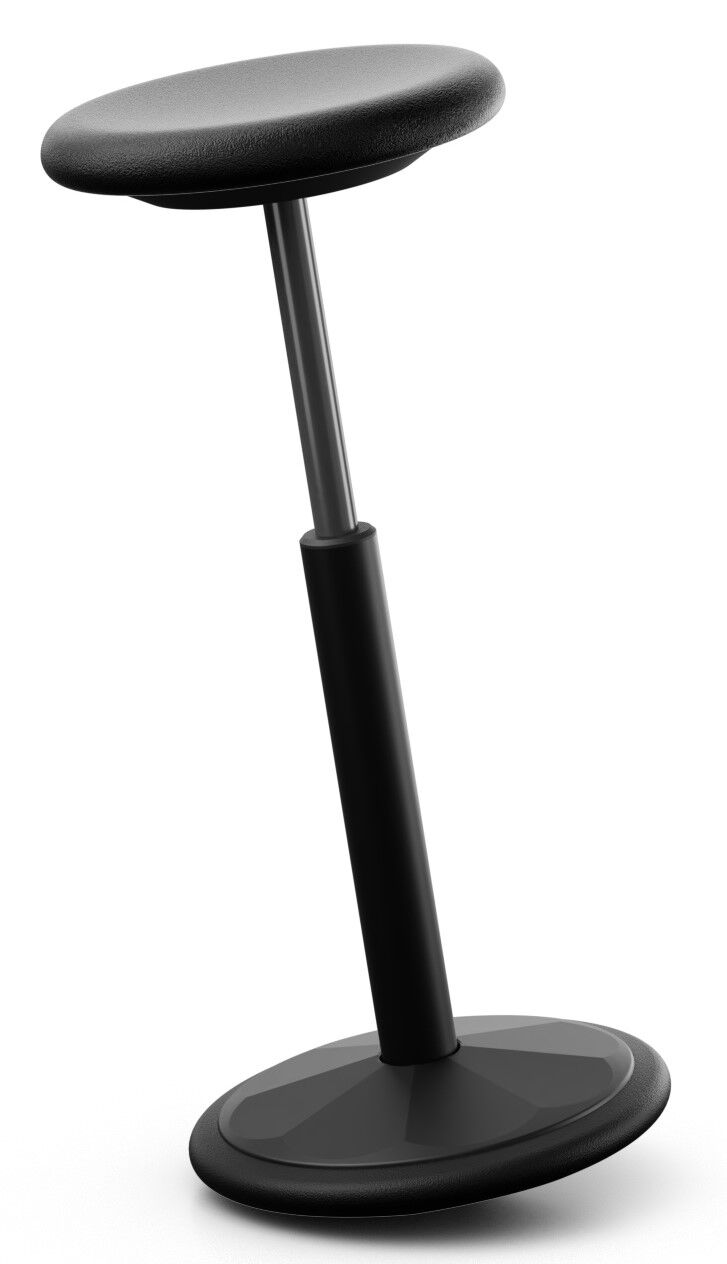 Moderner ergonomischer Stehstuhl in Schwarz, fördert aktives Sitzen im Büro für besseren Komfort und Gesundheit.