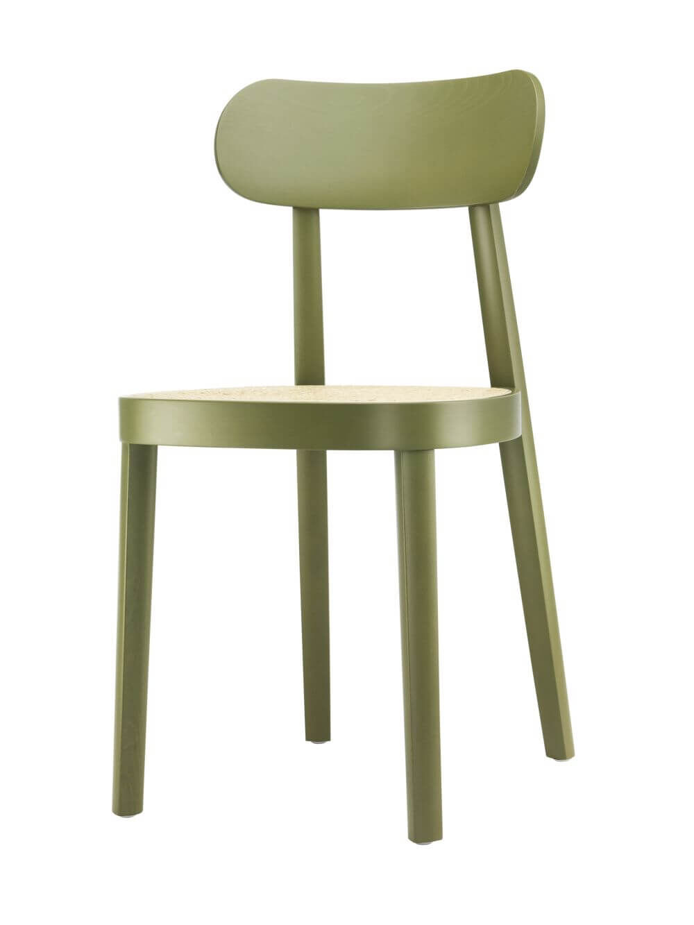 Grüner, minimalistischer Stuhl mit abgerundeter Rückenlehne und Holzsitzfläche, ideal für ergonomisches Sitzen.