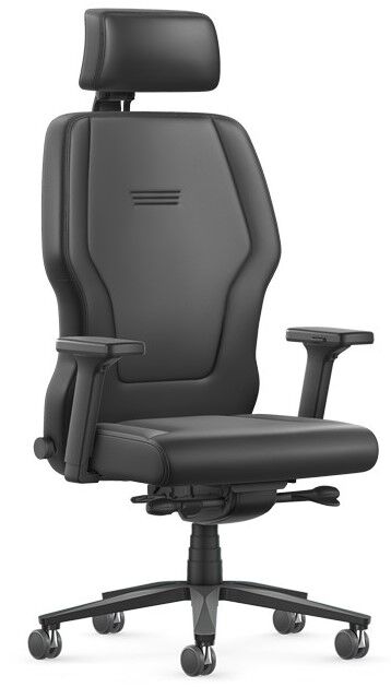 Ergonomischer Bürostuhl mit verstellbarer Kopfstütze und Armlehnen, gepolstert in schwarzem Leder.