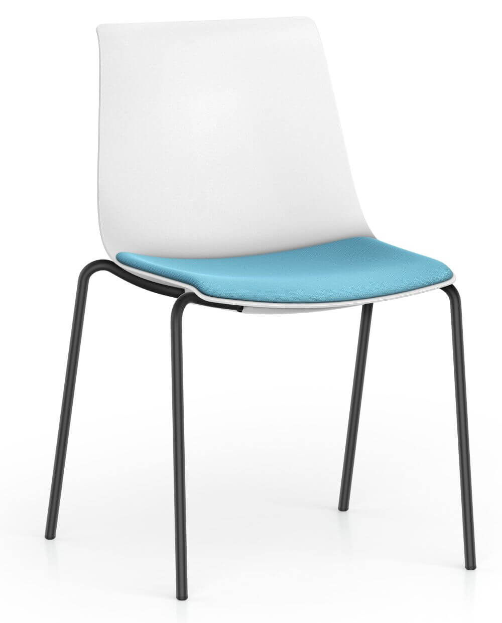 Moderner ergonomischer Stuhl mit weißer Rückenlehne, blauer Sitzfläche und schwarzen Metallbeinen.