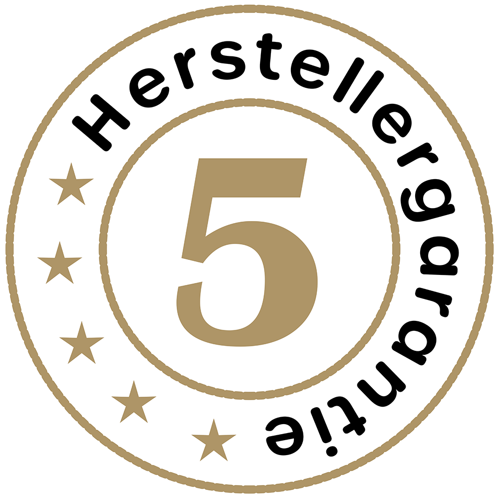 Grafik mit einem Kreis, der eine Herstellergarantie von 5 Jahren in goldener Schrift zeigt.