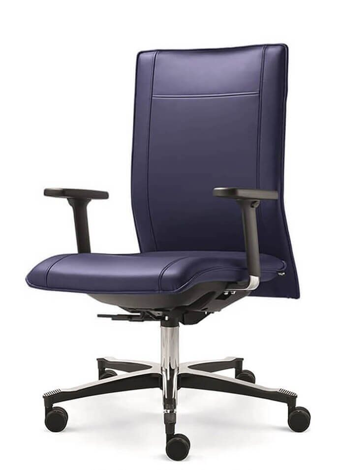 Ergonomischer Bürostuhl mit hoher Rückenlehne, verstellbaren Armlehnen und Raddrehkreuz, geeignet für gesundes, dynamisches Sitzen.