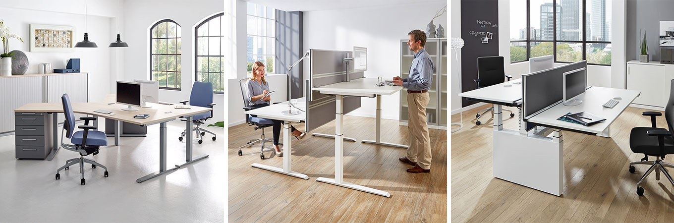 Moderne Büros mit ergonomischen Schreibtischen und Stühlen, die gesundes Arbeiten und bewegtes Sitzen unterstützen.