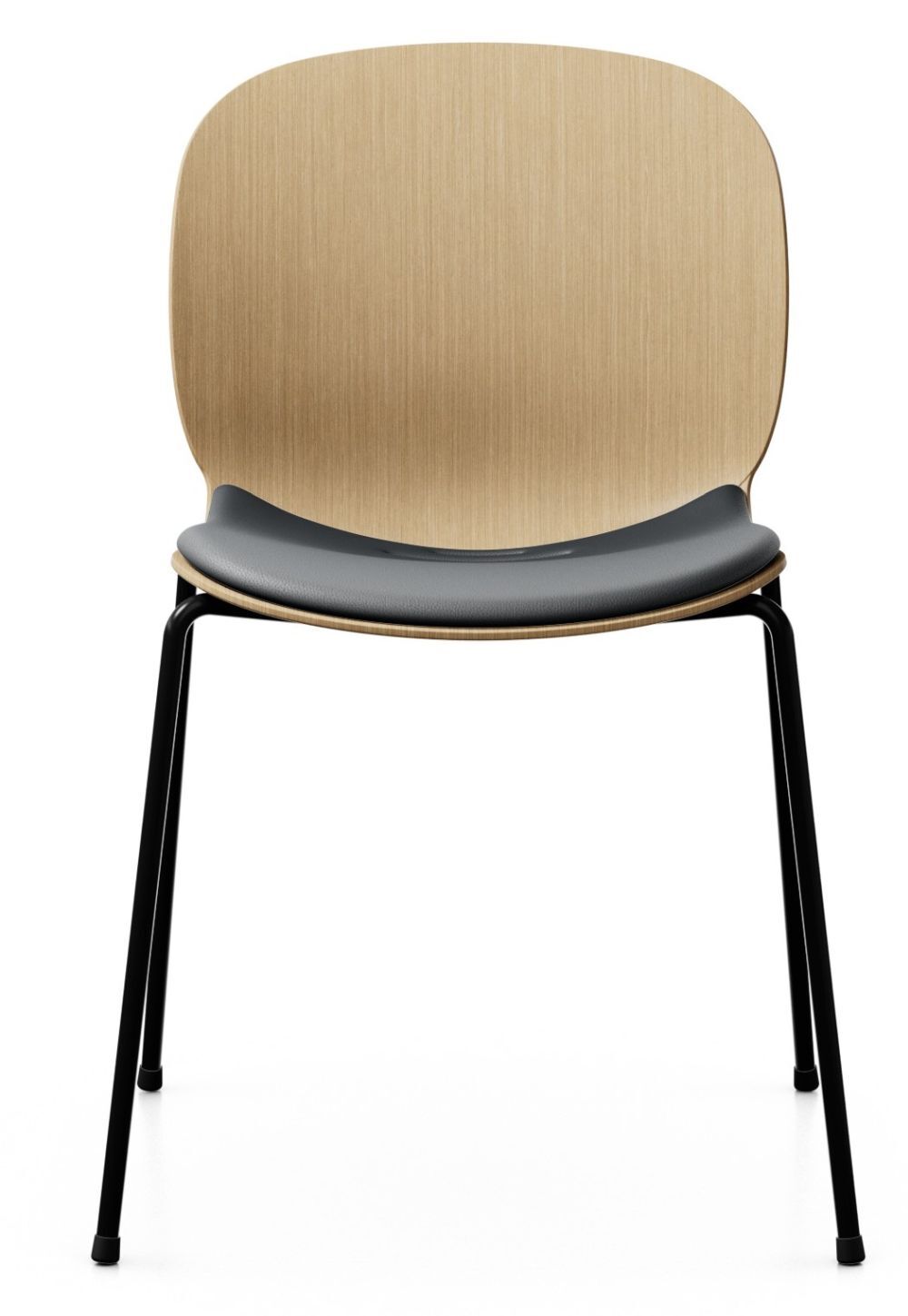 Moderner Stuhl mit Holzrückenlehne, schwarzem Sitzpolster und Metallbeinen, ideal für ergonomisches Sitzen.