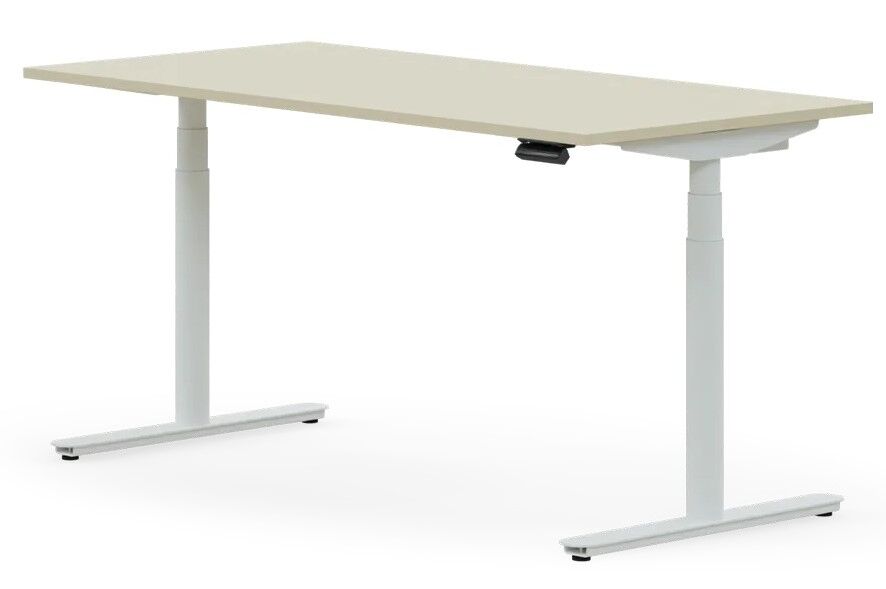 Höhenverstellbarer Schreibtisch mit weißem Gestell und schwarzem Bedienelement, ideal für ergonomische Büros.