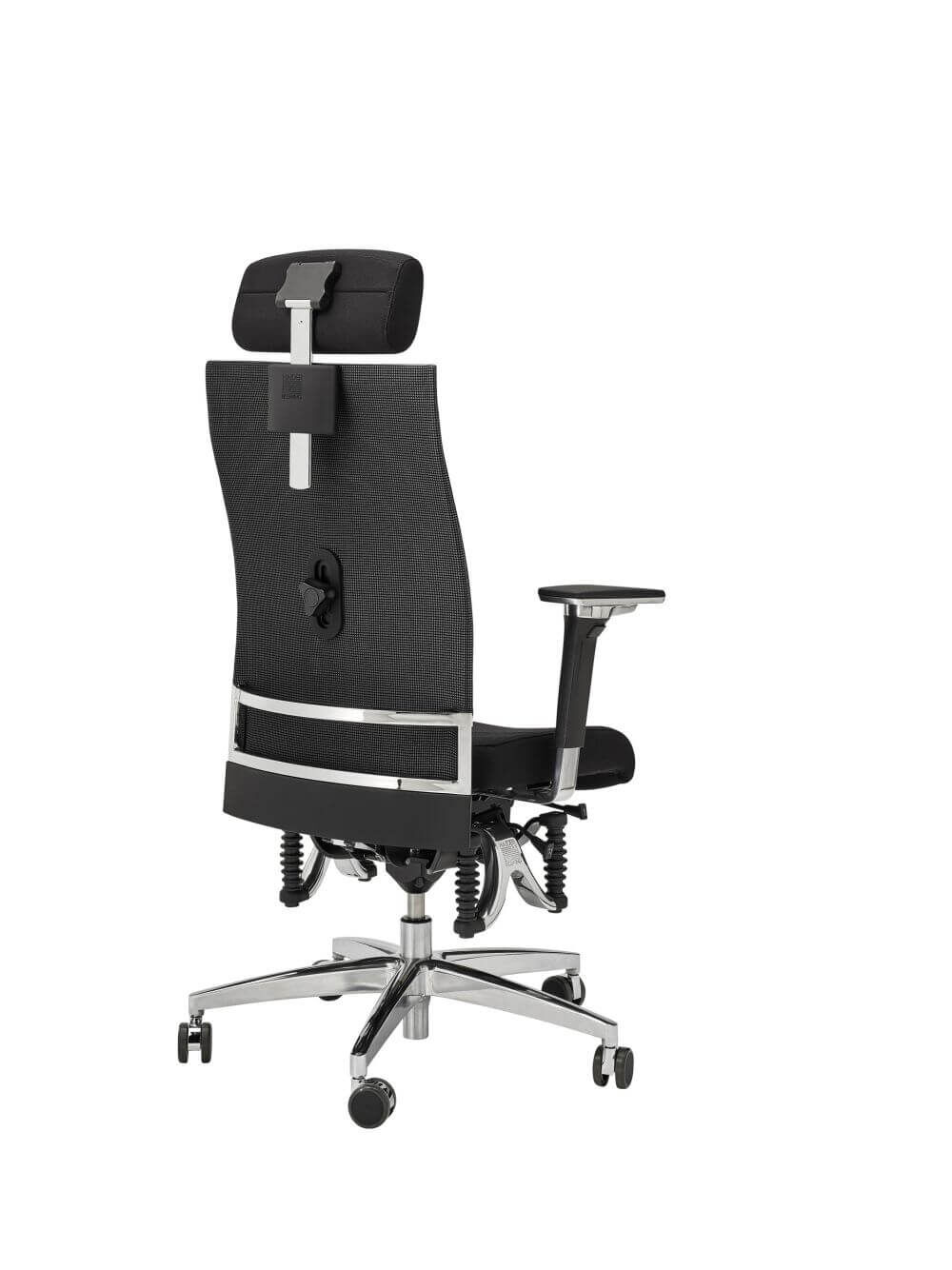 Ergonomischer Bürostuhl mit Kopfstütze und Netzrücken, Fokus auf Sitzkomfort und Rückstützelemente.