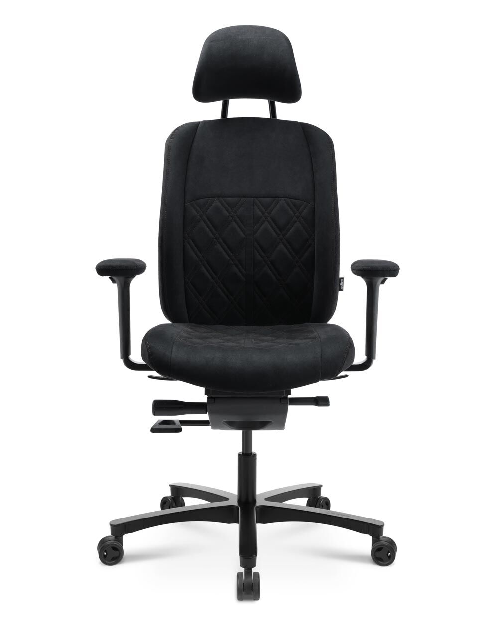 Schwarzer ergonomischer Bürostuhl mit Kopfstütze, Armlehnen und gepolsterter Sitzfläche auf Rollen.