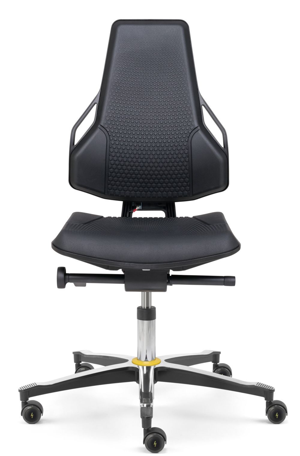 Ergonomischer Bürostuhl mit moderner, schwarzer Rückenlehne und gepolsterter Sitzfläche auf einem drehbaren Sockel.