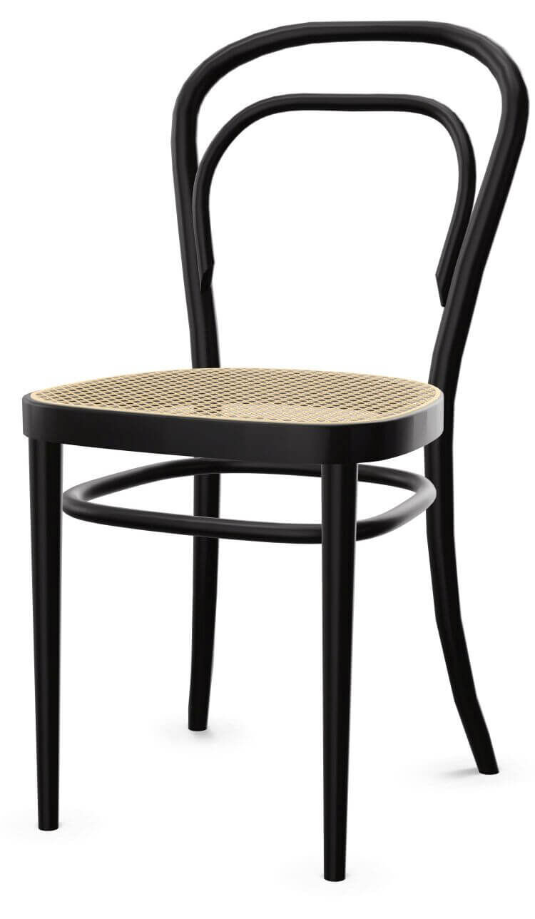 Schwarzer Stuhl mit gewölbter Rückenlehne und Sitzfläche aus hellem Geflecht, schlichtes modernes Design.