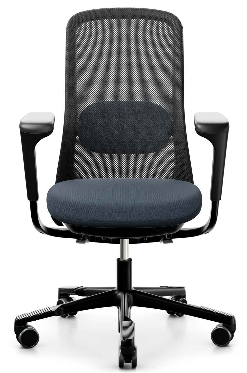 Ergonomischer Bürostuhl mit Netzrückenlehne und gepolstertem Sitz, verstellbare Armlehnen, schwarzes Untergestell.