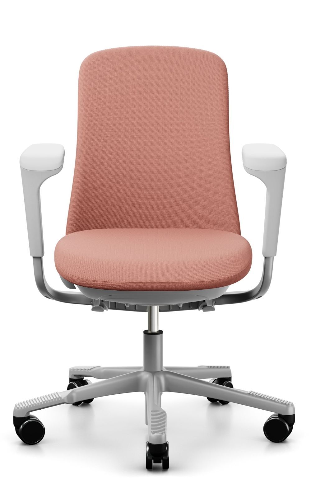 Ergonomischer Bürostuhl in Rosa mit Armlehnen und verstellbarem Drehfuß, für gesundes Sitzen im Büro.